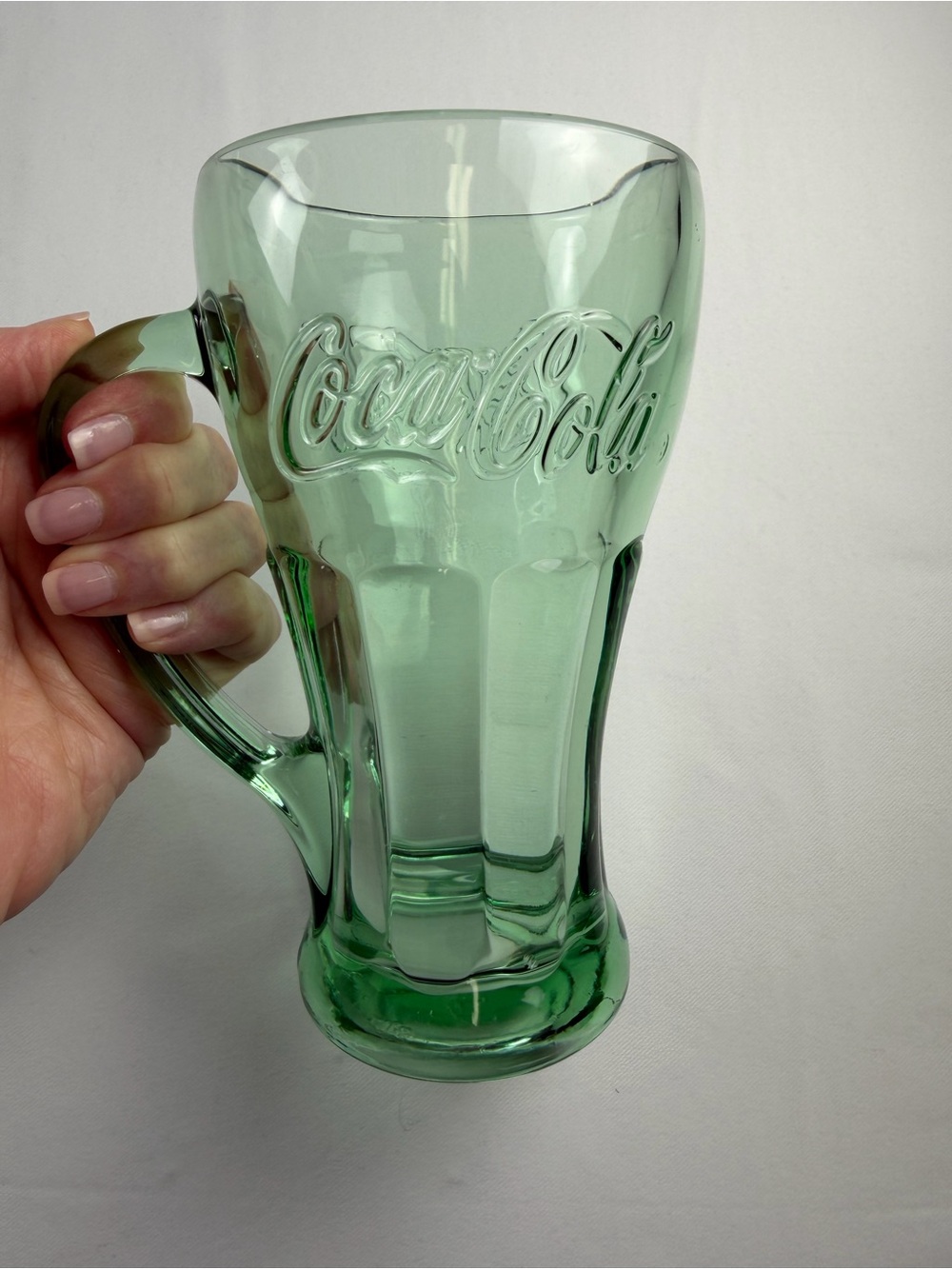 Vintage Libbey Heavy Glass Light Green Coca Cola Embossed Glass Mug - perfect